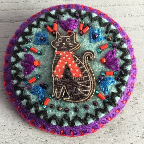 Hand Embroidered Black Cat Brooch