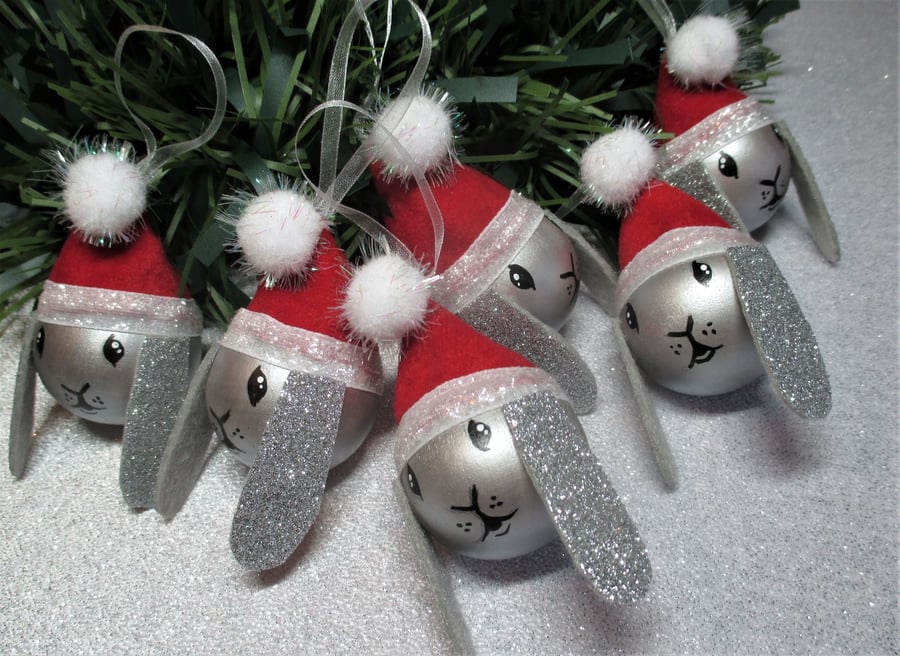 Bunny Rabbit Christmas Tree Bauble Hanging Decorations Set Silver Glittery Santa