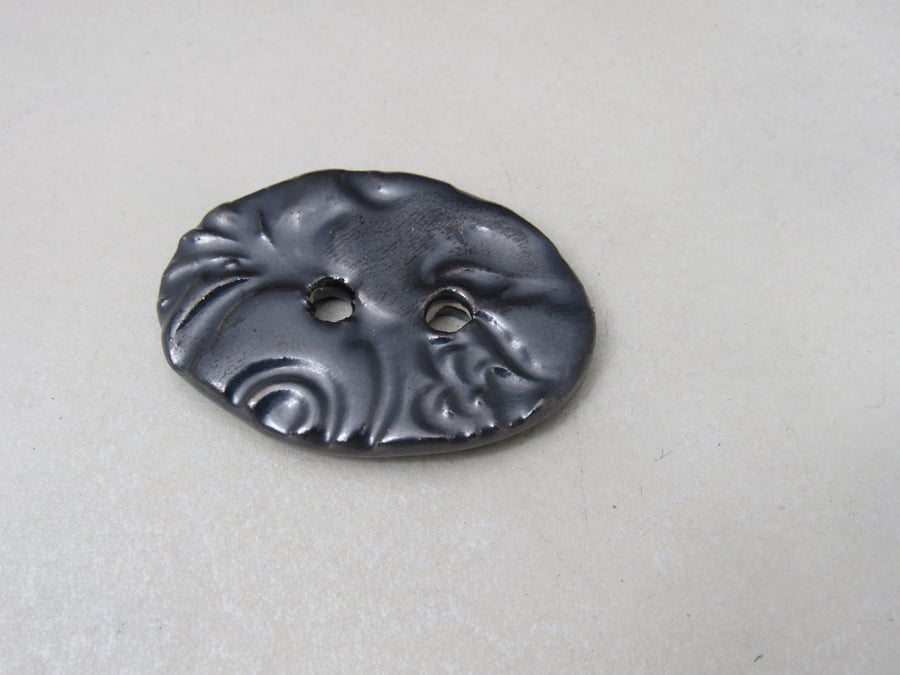 Large Metallic Pewter Brocade Oval Handmade Ceramic Button