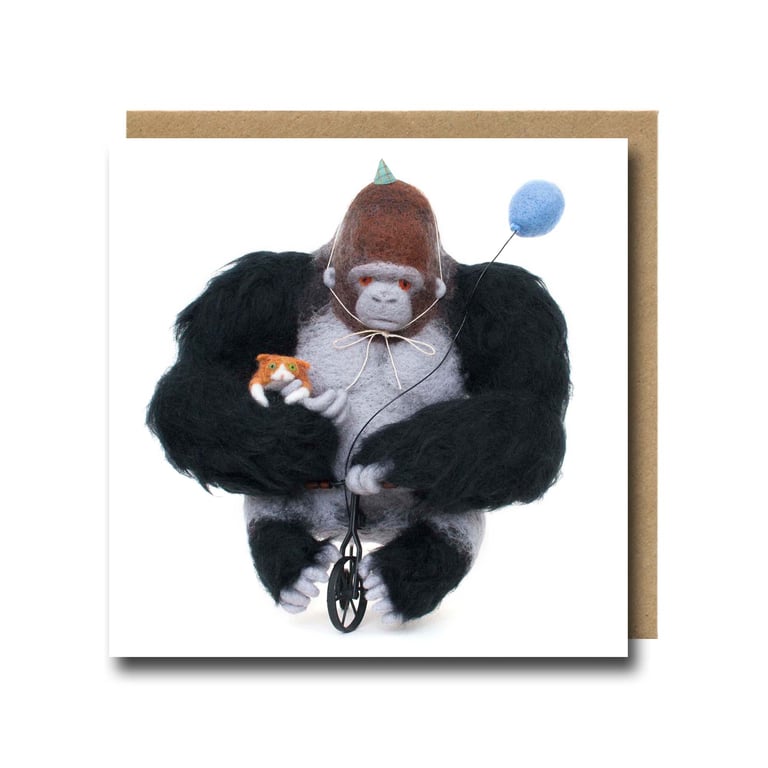 Cyclist Gorilla Birthday Card – Funny Needle Felted Ape Illustration 