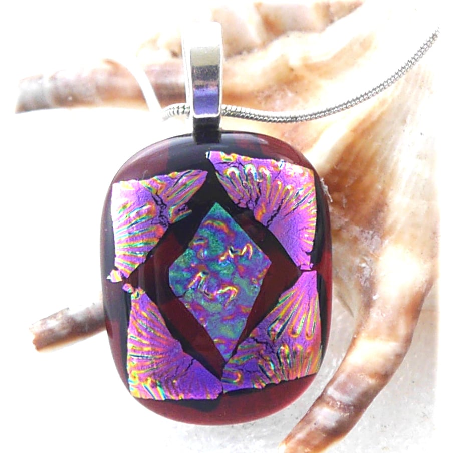 Plum Patchwork Dichroic Glass Pendant 194 silver plated chain