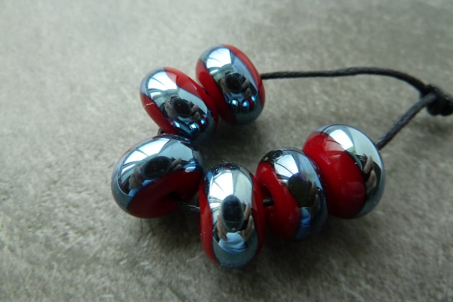 red and silver wrapped lampwork glass beads