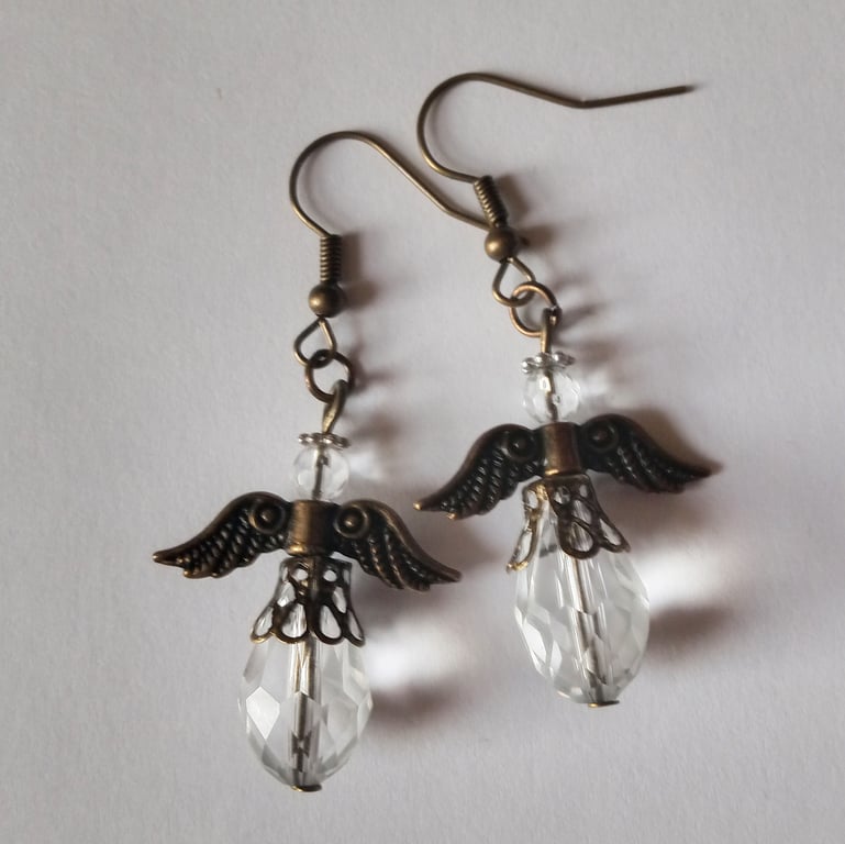 Bronze Clear Crystal Angel Earrings