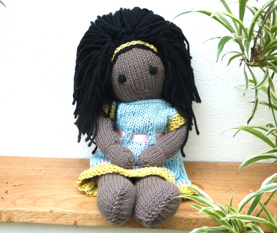 Doll. 12" Hand Knitted Doll Black African Doll Made in Wool With Removable Dress