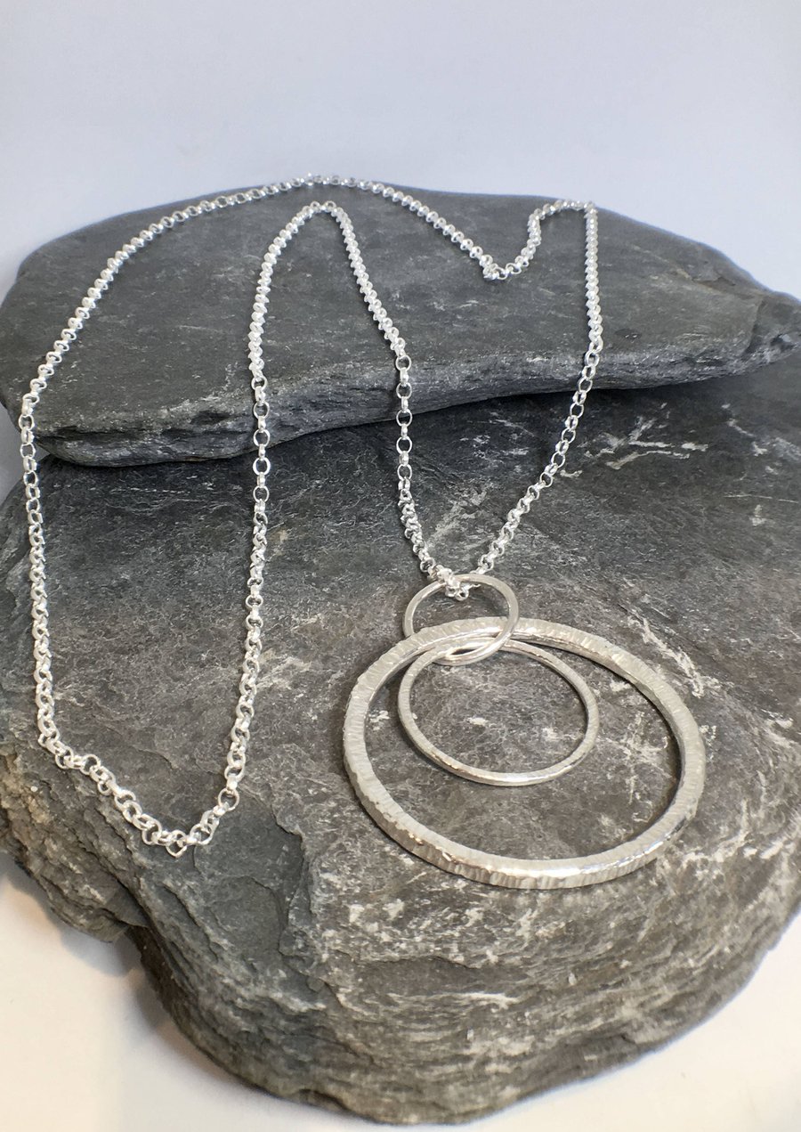 Double Hoop Circle Statement Long Chain Sterling Silver Necklace 