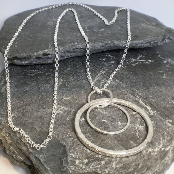 Double Hoop Circle Statement Long Chain Sterling Silver Necklace 