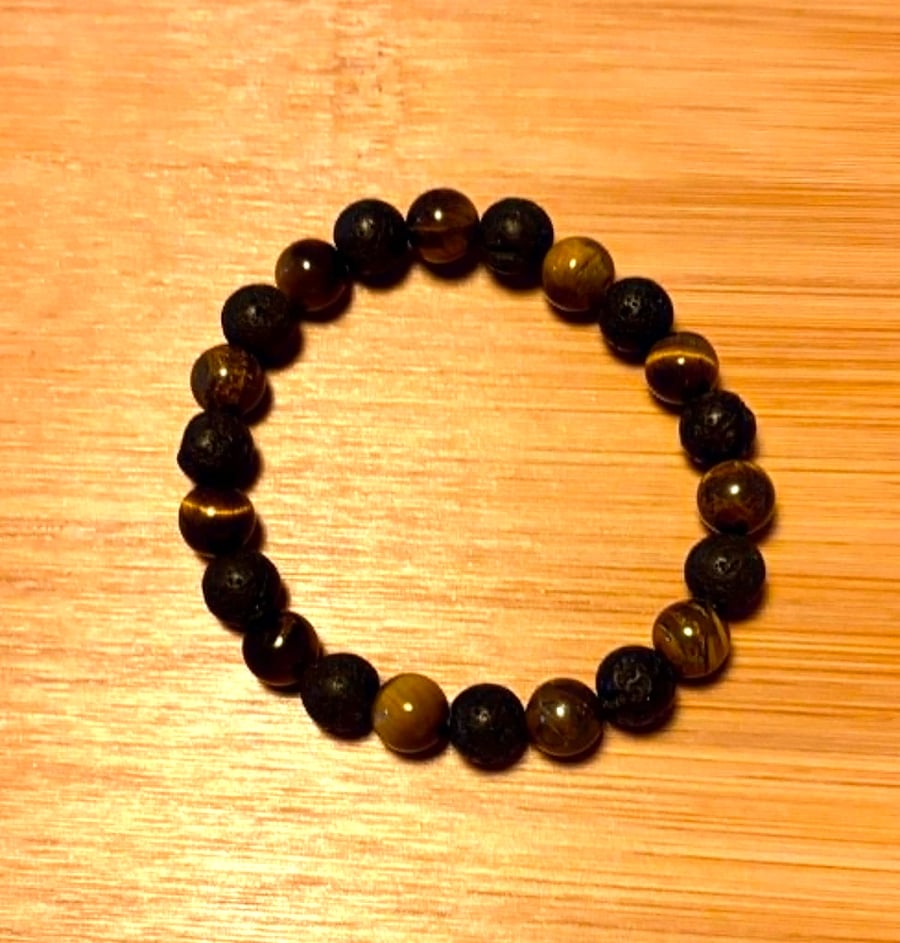 Tiger's Eye & Black Volcanic Stone Bead Bracelet
