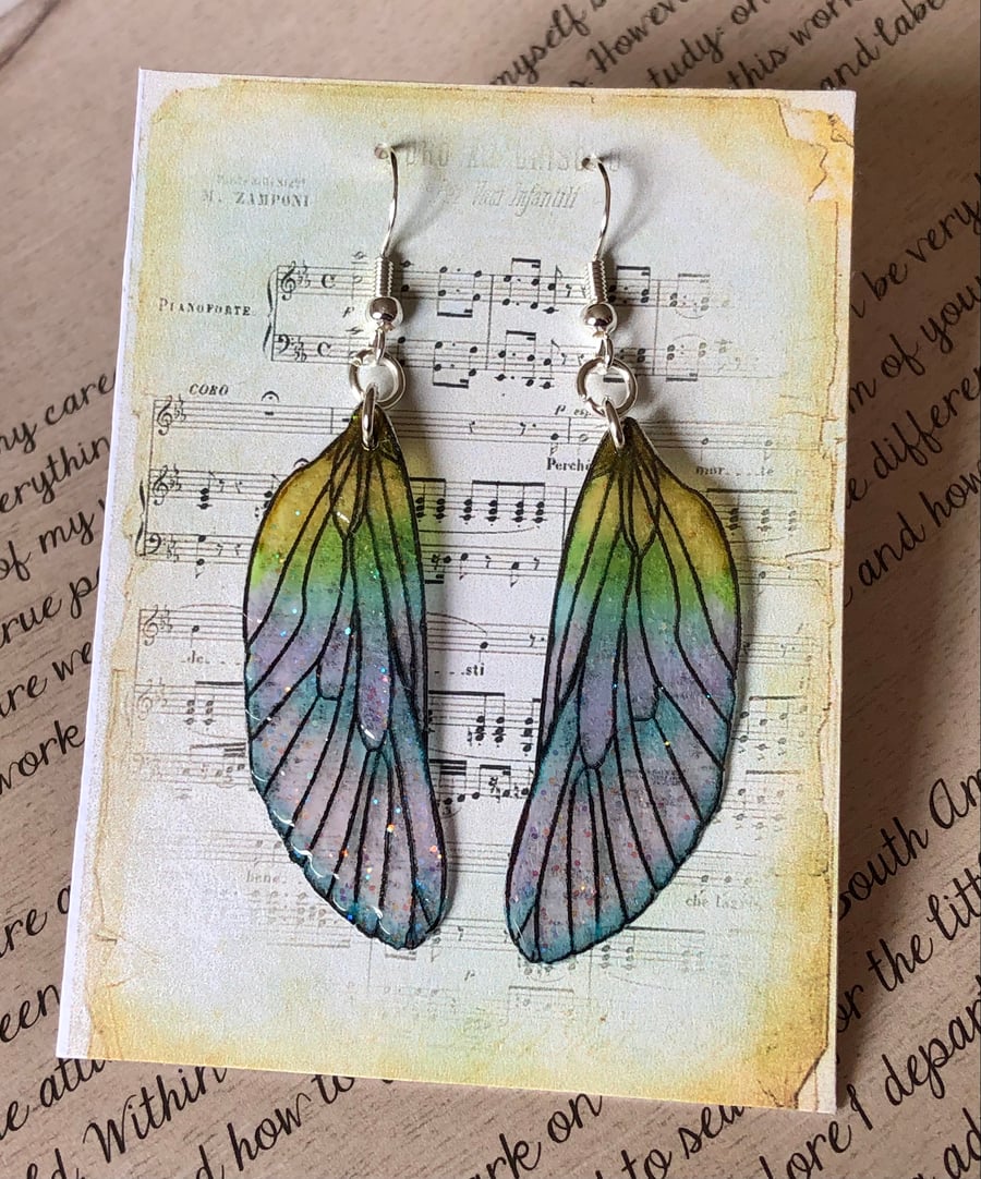 Pretty Pastel Glitter Sterling Silver Fairy Wing Earrings