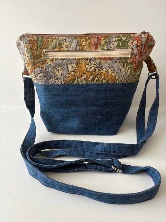 Tapestry and denim shoulder bag