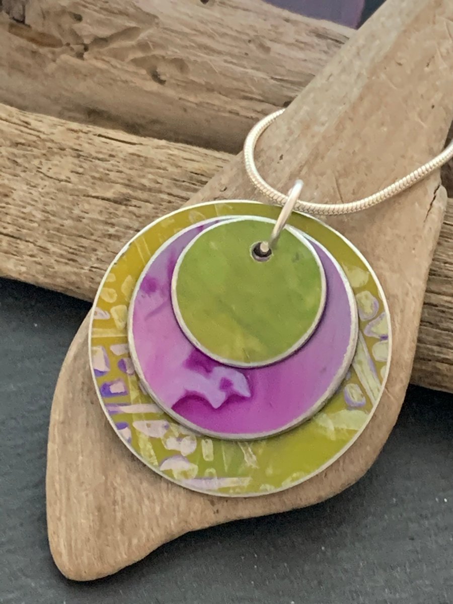 Hand Crafted and Printed Aluminium Pendant - Lime Green and Pink