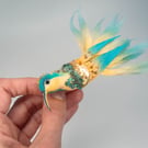 Hummingbird, Turquoise and Golden - Handmade Textile Brooch