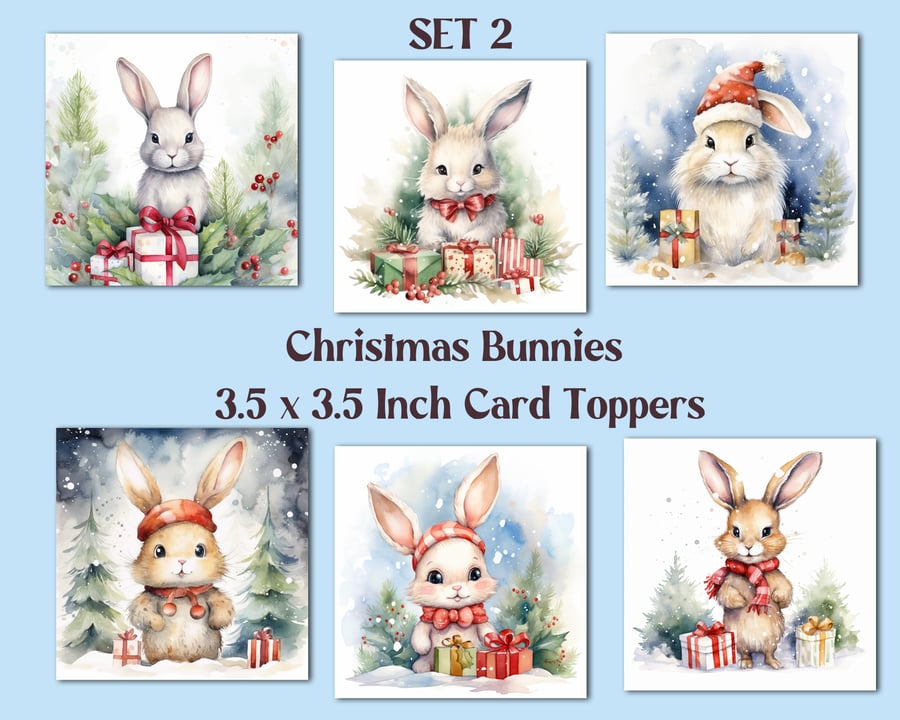 Christmas Bunnies Square Card Toppers for Card Making, Journals, Tags, Scrapbook