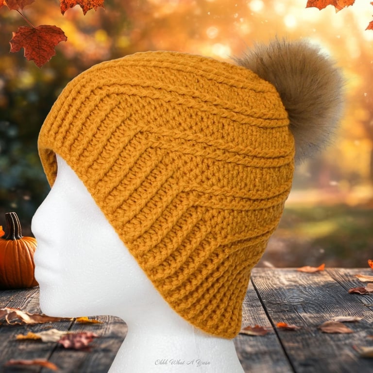 Crochet hat, beanie. Gold, mustard ladies swirl pom pom hat. Ladies hat.