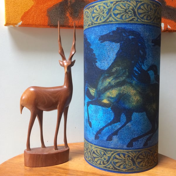 LARGE ONLY Ancient Greece Horses Blue 50s 60s MCM Vintage Fabric Lampshade