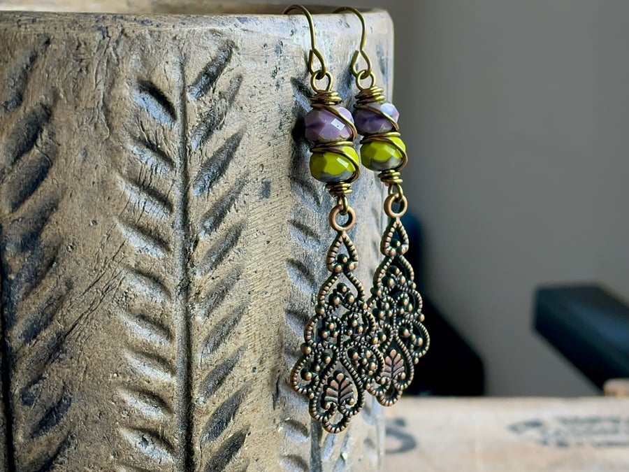 Purple & Green Glass Bead Earrings. Boho Filigree Earrings. Wire Work Earrings