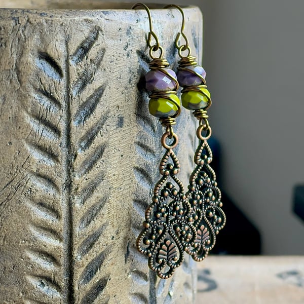 Purple & Green Glass Bead Earrings. Boho Filigree Earrings. Wire Work Earrings