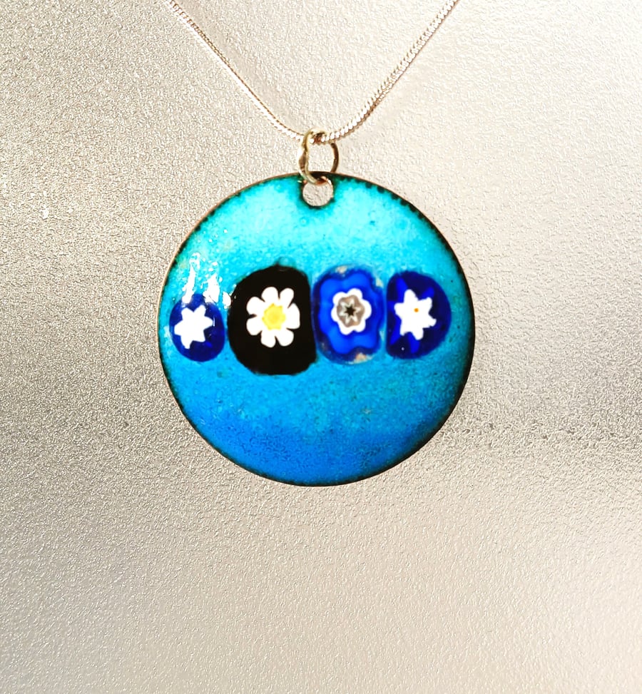 Large, domed pendant with millefiori, enamel on copper 254