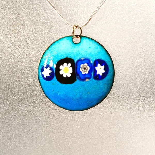 Large, domed pendant with millefiori, enamel on copper 254