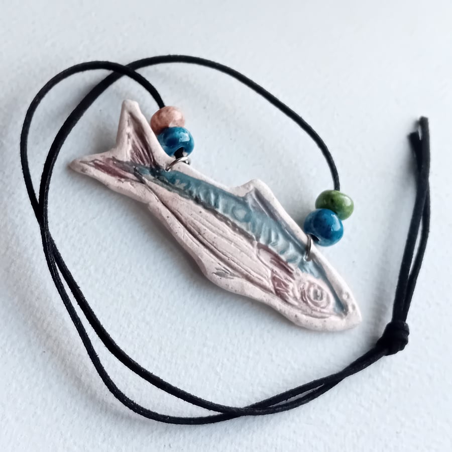 Quirky mackerel necklace pendant rustic porcelain clay surgical steel quirky
