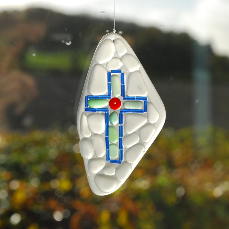 Beach glass mosaic sun catcher with cross