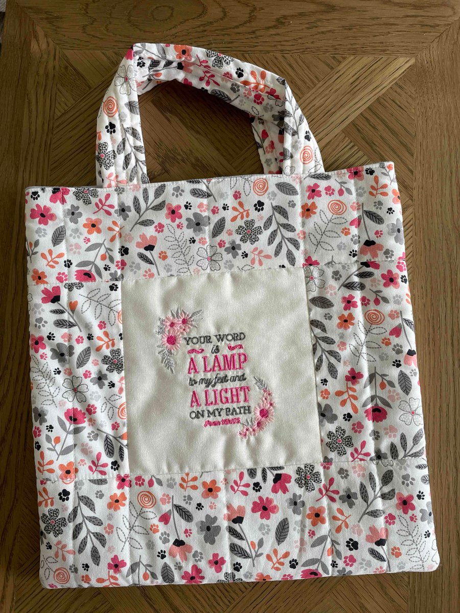 Handmade Embroidered Patchwork Tote Bag with Bible Verse