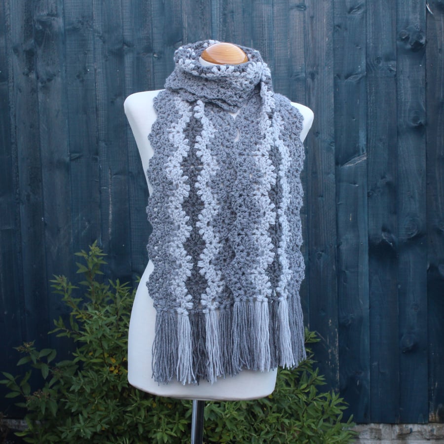 Crochet Stripey Scarf in three shades of grey