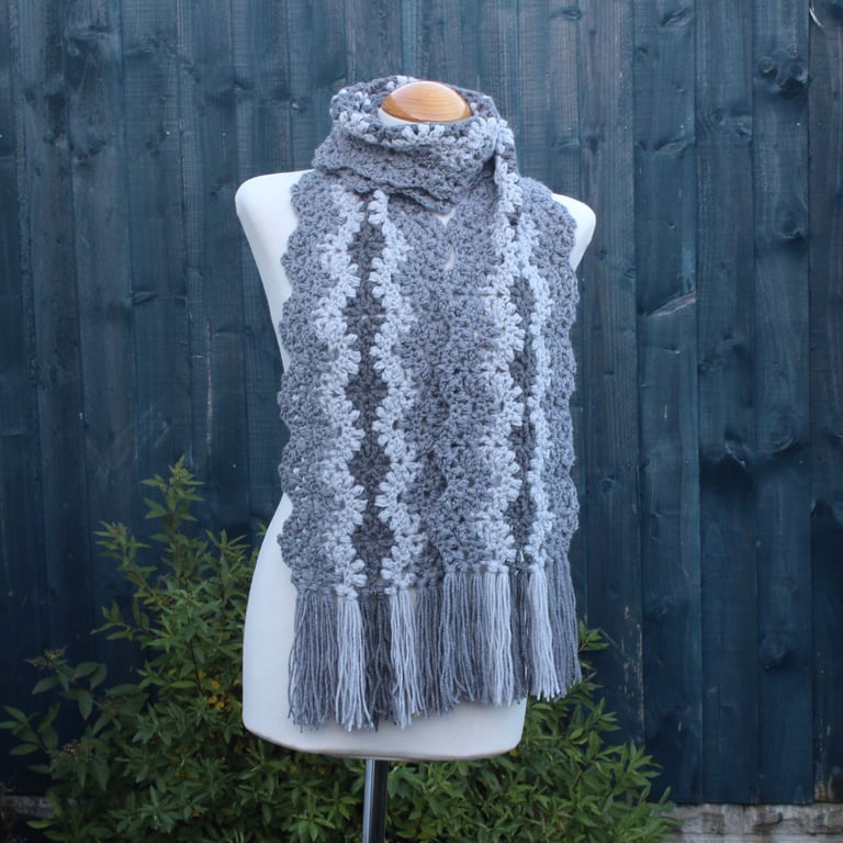 Crochet Stripey Scarf in three shades of grey