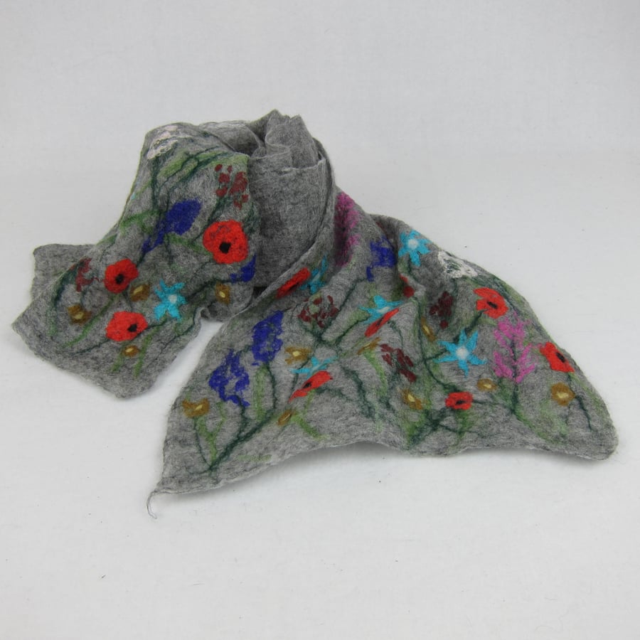 Finely felted grey merino wool scarf with silk floral decoration