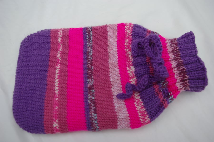 Hot Water Bottle Cover Hand Knitted in Stripes 