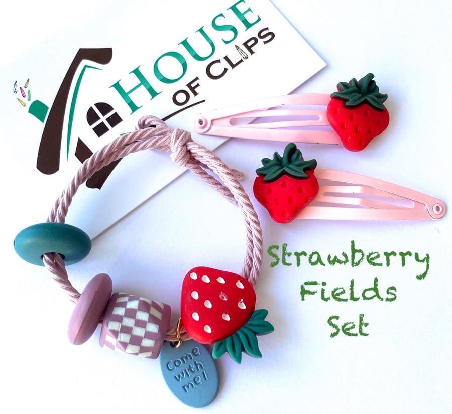 Strawberry Fields Bobble and Hair Clips Set x3 - Strawberry Barrettes - Gift for