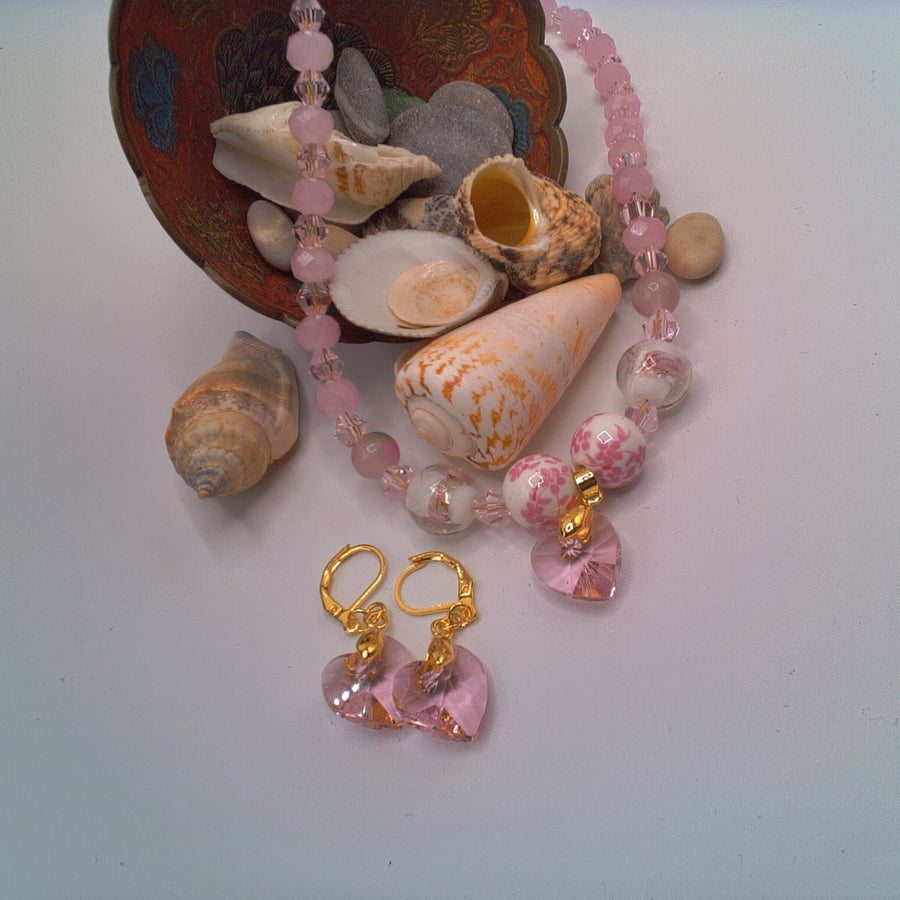 Pink Floral Beads and Pink and White Crystal Necklace with Heart and Earrings