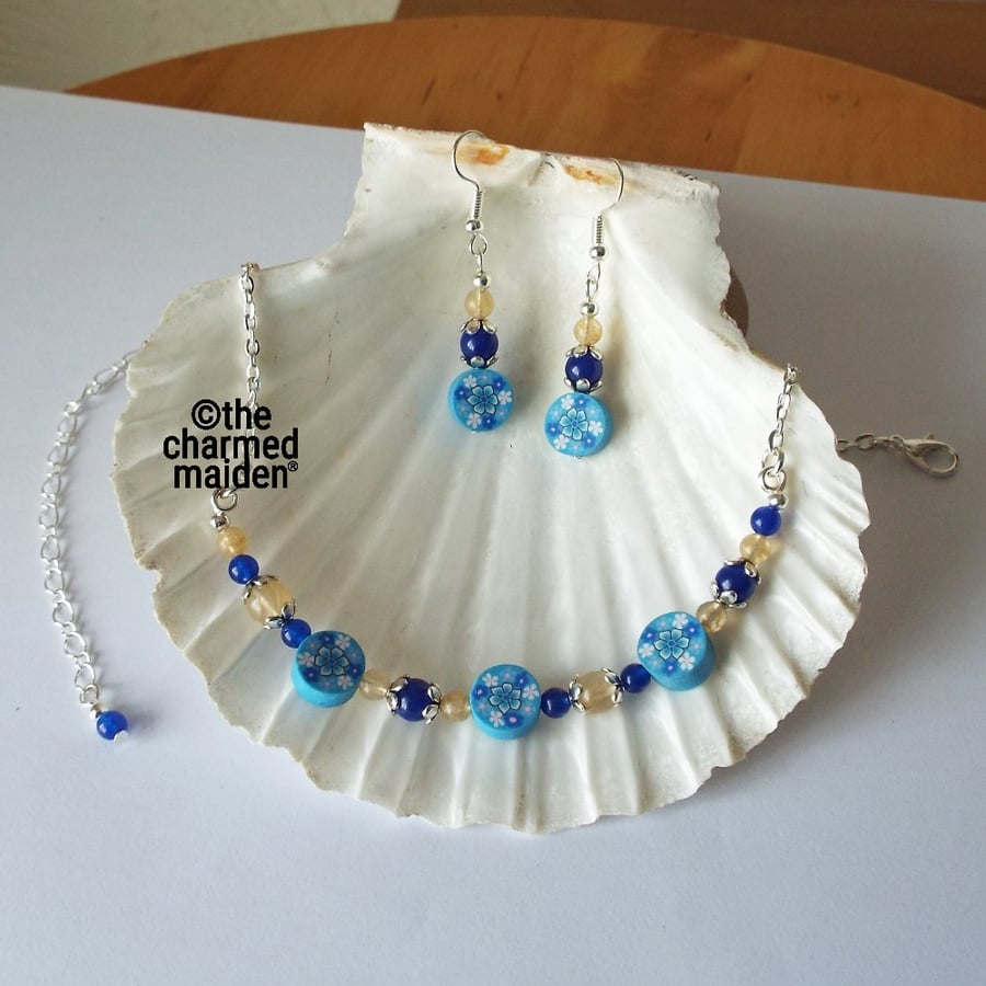 Forget Me Knot Necklace & Earrings, Millefiori Quartz & Jade Bead Jewellery Set
