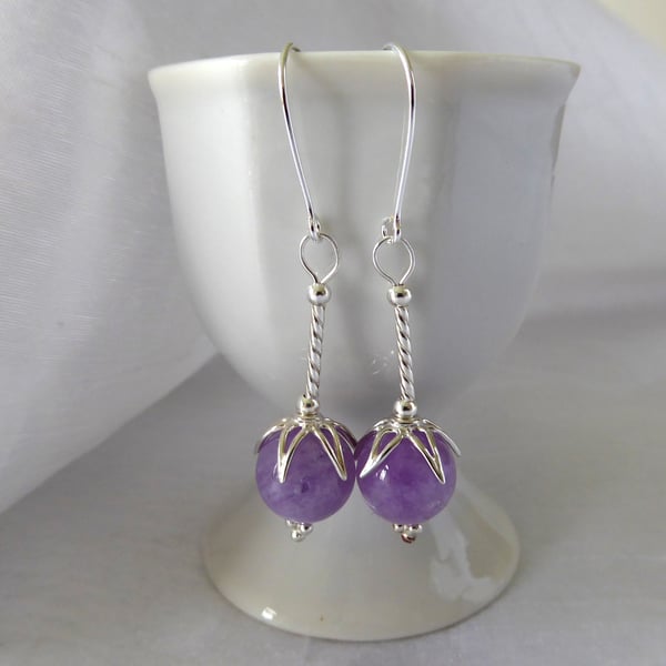 Large Amethyst Flower Bud Earrings with Sterling Silver