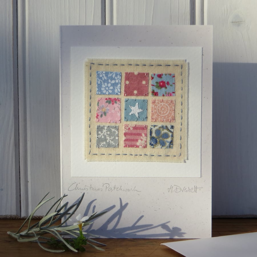 Christmas Patchwork hand-stitched card with tiny applique star! So pretty!