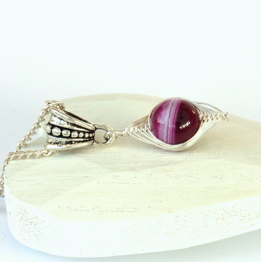 Deep pink banded agate wire wrapped necklace