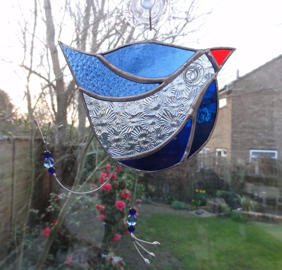 Stained Glass Funky Bird Suncatcher  - Blue