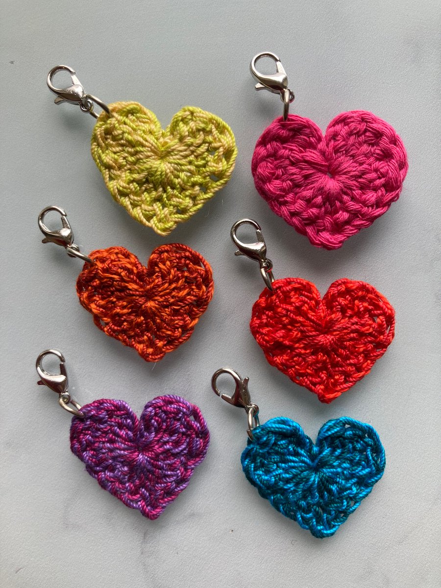 Crochet heart charms zip pull bag charm x6