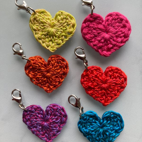 Crochet heart charms zip pull bag charm x6