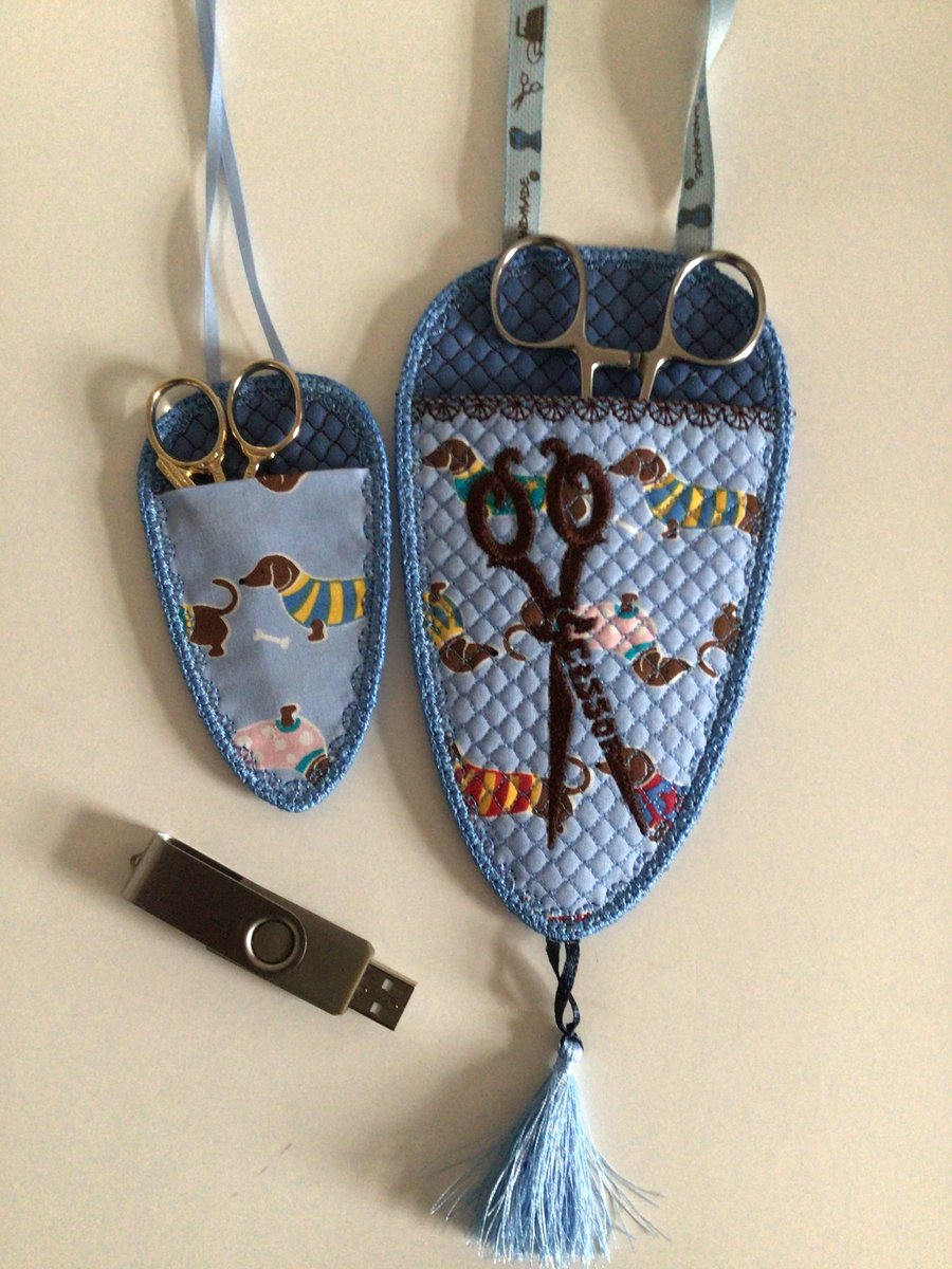 Embroidered scissors holders.set of two. Blue dachshund.