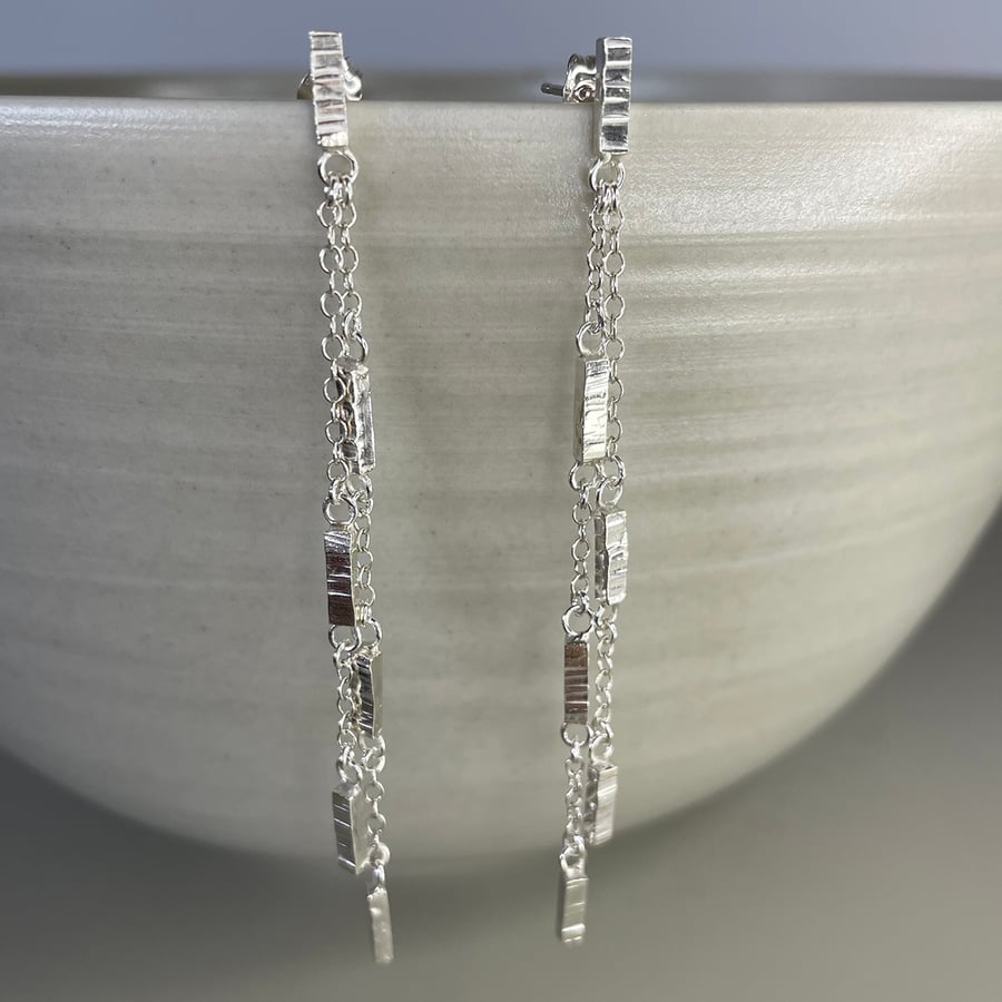 Sterling silver mini hammered bark texture long drop earrings 