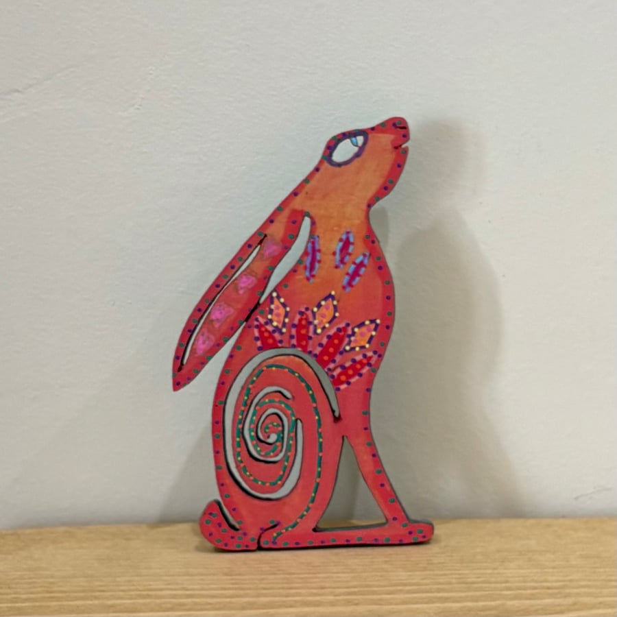 Hanging or shelf decoration - folk art style hand painted sitting hare 