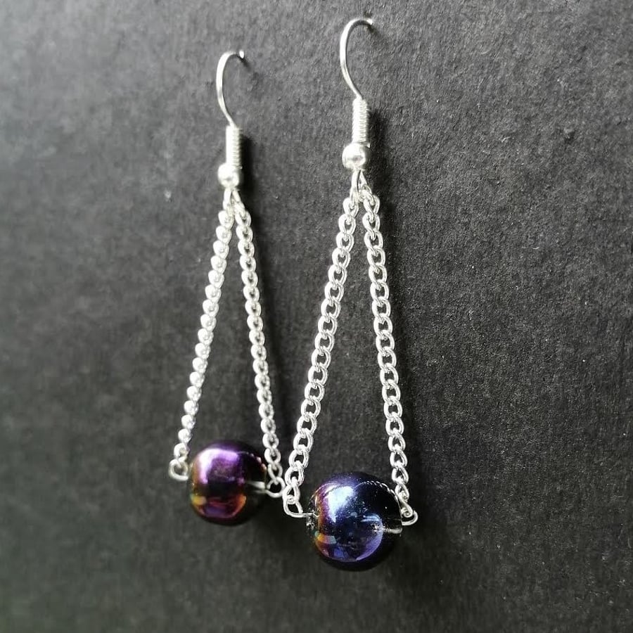 Metallic bead and silver chain drop earrings