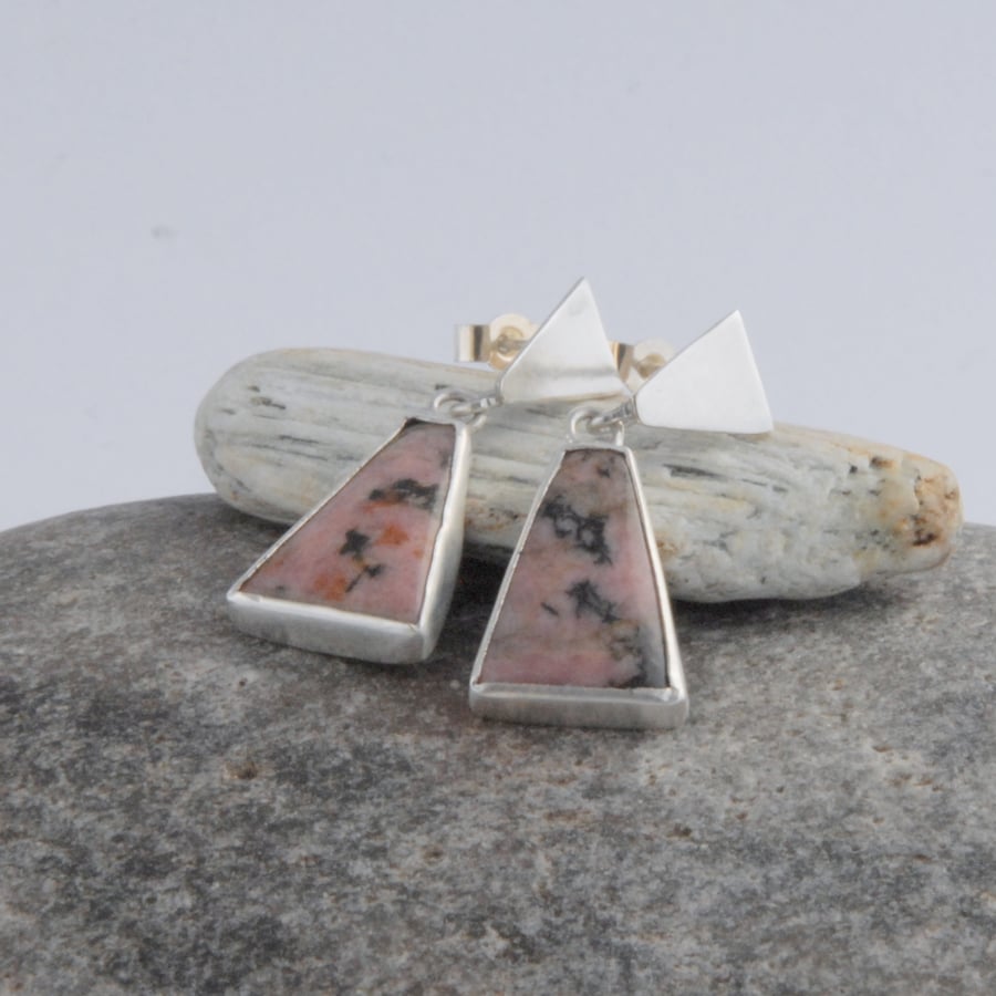 Sterling silver and rhodonite stud top drop earrings (pink and black)