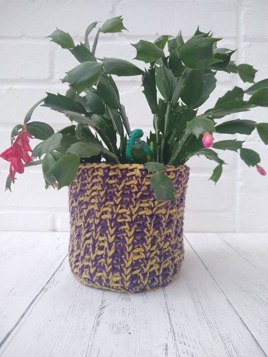 Purple and green plant pot cover, small storage basket