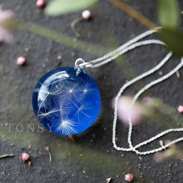 Dandelion Wish Pebble Necklace Sapphire Dandelion Necklace Dandelion Pebble Dand