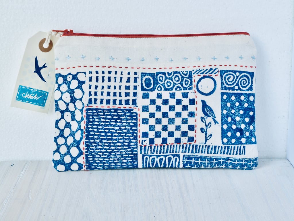 A unique hand printed pouch with hand embroidery made by Linda in Hampshire