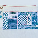 A unique hand printed pouch with hand embroidery made by Linda in Hampshire