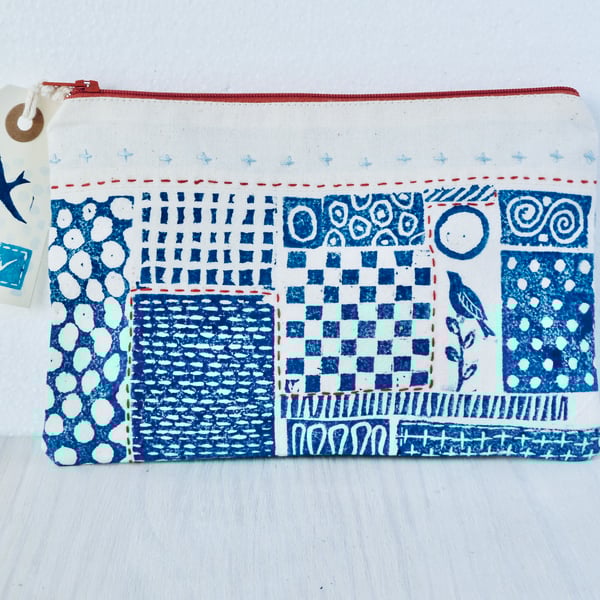 A unique hand printed pouch with hand embroidery made by Linda in Hampshire