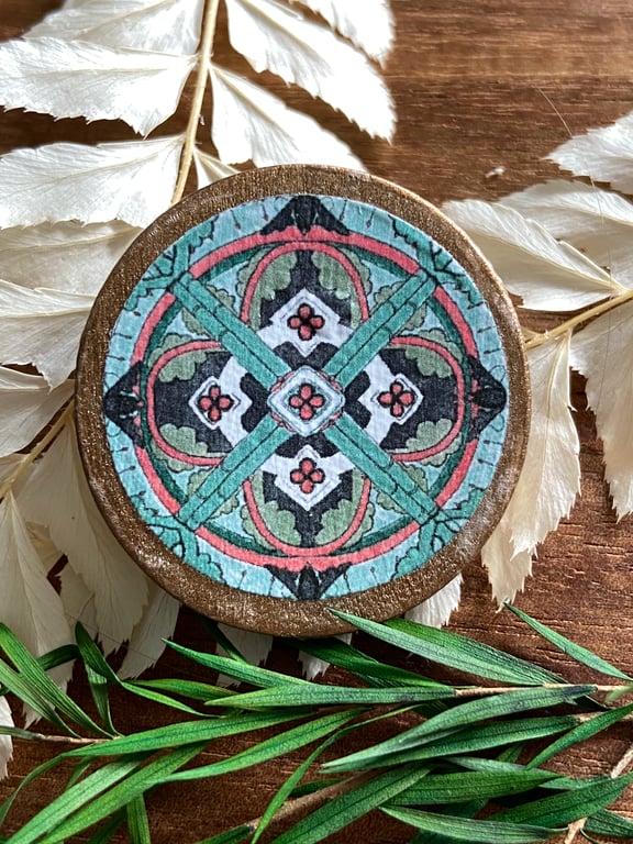 Handcrafted brooch with stained glass pattern Christmas colours