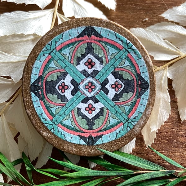 Handcrafted brooch with stained glass pattern Christmas colours